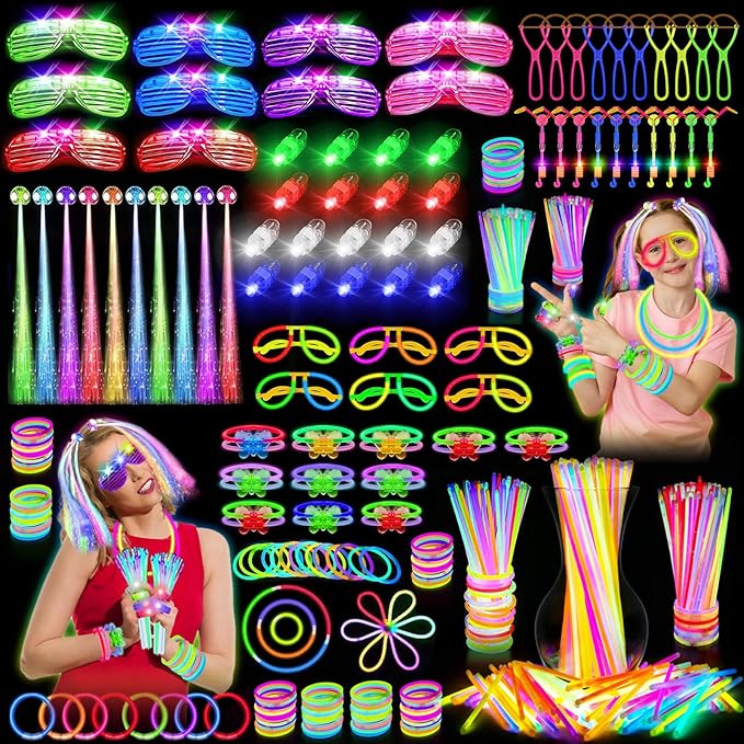 OLUPP Glow in the Dark Party Supplies, 264 PCS Light Up Party Favors with LED Glasses,Glow Sticks,Finger Lights,LED Hair Clips,Slingshot,Glasses Molds,Butterfly Bracelet for Birthday,Raves,New Year
