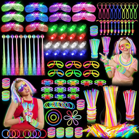 OLUPP Glow in the Dark Party Supplies, 264 PCS Light Up Party Favors with LED Glasses,Glow Sticks,Finger Lights,LED Hair Clips,Slingshot,Glasses Molds,Butterfly Bracelet for Birthday,Raves,New Year