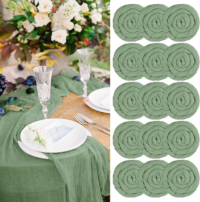 15 Packs Sage Green Cheesecloth Table Runner, 10 Ft Sage Rustic Gauze Boho Wedding Table Runner Decoration, Wedding Table Decor Table Cloth for Wedding Party Bridal Shower Table,21.5x120in