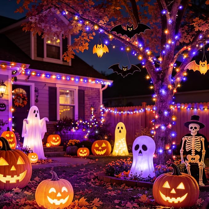 KNONEW Purple and Orange Halloween Lights 60FT 180 LED Indoor Outdoor String Light with 8 Lighting Modes, Timer Memory Function Plug in for Halloween Party Home Garden Roof Decorations