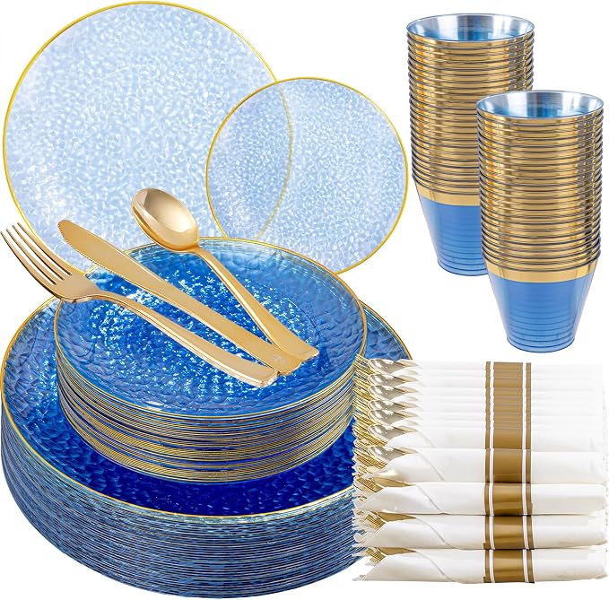 175PCS Blue Plastic Plates for 25 Guests, Disposable Plates for Party, Heavy Duty Disposable Plate Set Include: 25 Dinner Plates, 25 Dessert Plates, 25 Cups and Cutlery for Wedding & Party