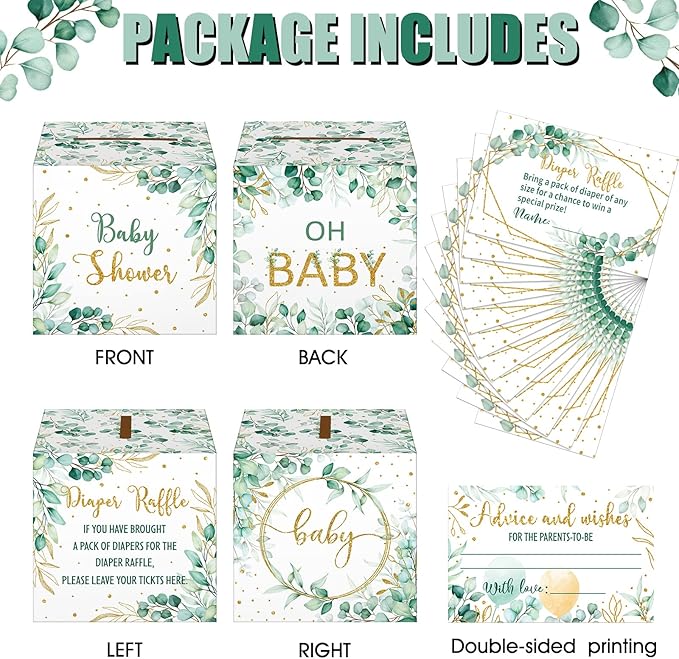 Teling 51 Pieces Diaper Raffle Tickets with Card Box Baby Shower Decorations Baby Shower Holder Box for Girl Boy Diaper Raffle Party(Green Leaf Style)