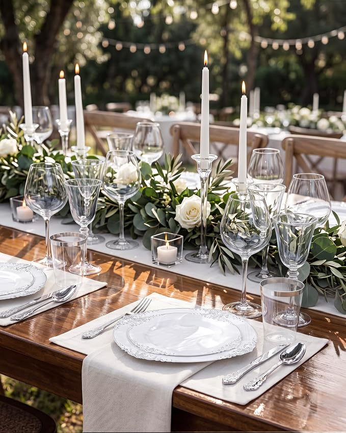 Nervure 350PCS Silver Plastic Plates - Silver Plastic Dinnerware Sets for 50 Guests - 100 Disposable Plates, 150 Silverware, 50 Cups, 50 Napkins for Wedding & Party