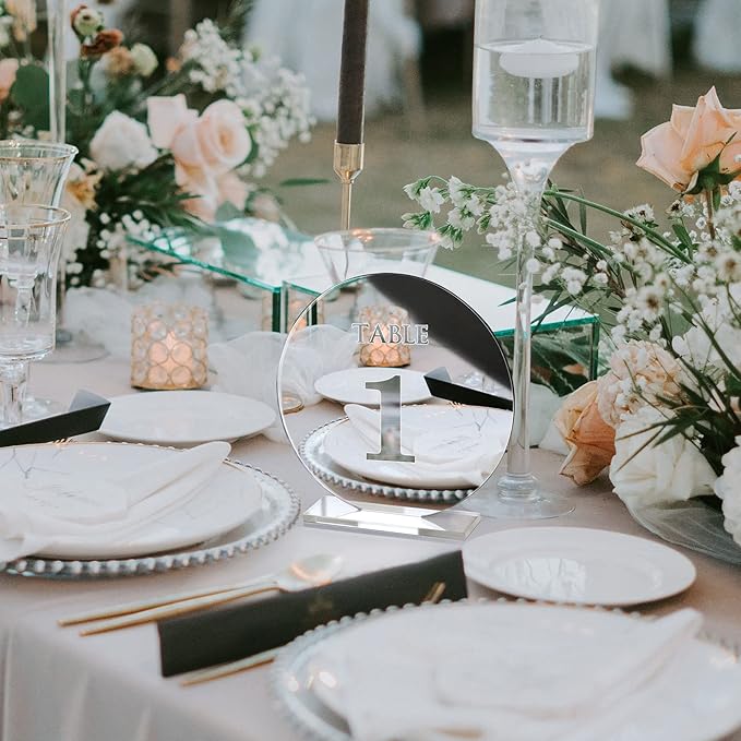 Acrylic Wedding Table Numbers 1-25 with Stands,4.8"Round Mirror Silver Table Number Signs and Holders for Wedding Reception, Party, Event, Centerpiece Decoration