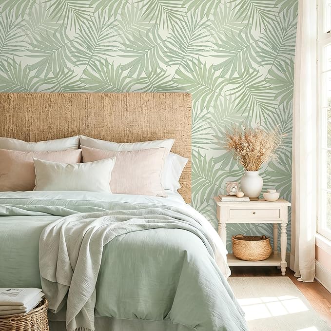 VEELIKE Green Tropical Wallpaper Peel and Stick Boho Palm Leaf Wallpaper for Bedroom Bathroom Walls 17.7''x354'' Self Adhesive Tropical Contact Paper Green Leaf Wall Paper Renter Friendly Removable