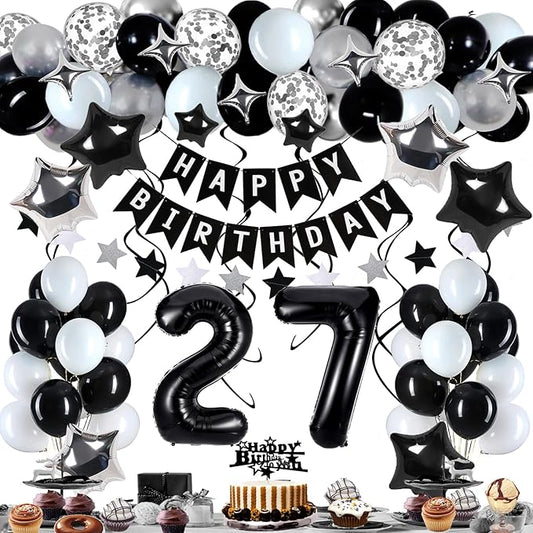 27th Birthday Decorations for Men Women, Black White and Silver Happy 27 Party Decor Set with 27 Number Foil Balloons, Banner, Cake Topper for Him Her