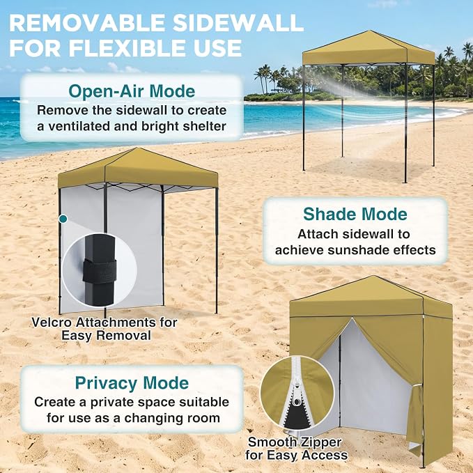 EAGLE PEAK 6x4 Instant Pop Up Canopy Tent with 4 Side Wall Panels, Straight Leg Sun Shelter, Portable Canopy with Carry Bag for Camping, Beach & Sports, Beige