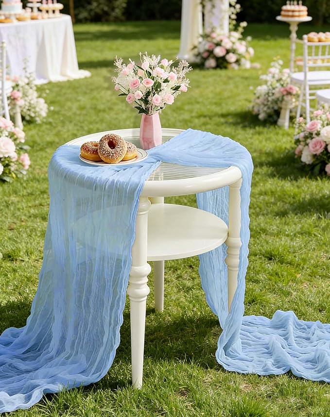 Baby Blue Cheesecloth Table Runner 21x120 Inch Gauze Table Runners Reusable Polyester 10ft Boho Rustic Cheese Cloth Table Runner for Wedding Party Baby Shower Birthday