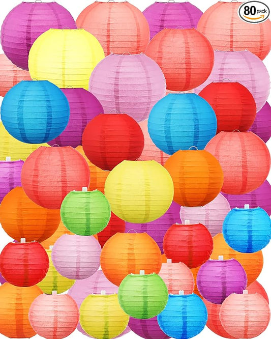Treela 80 Pcs Paper Lanterns Chinese Japanese Paper Lanterns Classroom Party Decorations Ceiling Hanging Decor for Home Wedding Graduation Party(4'', 6'', 8'', 10'',Multicolor)