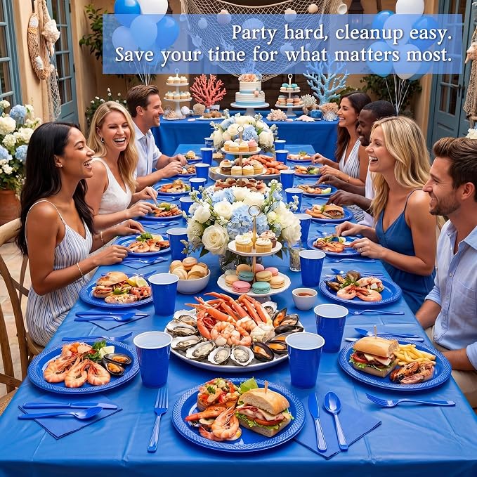 352 Pcs Blue Plastic Plates Party Set, 50 Guests Disposable Dinnerware Set with Deep Blue Tablecloths, Classic Blue Plastic Plates Party Set for Wedding/Anniversary/Nautical Party/Men's Event