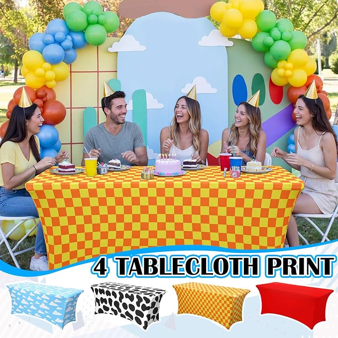 Frienda 4 Pcs Cartoon Story Tablecloth Birthday Party Supplies Spandex Stretch 71 x 30'' Cow Pattern Theme Sky Cloud Tablecloth Rectangle Cartoon Table Cover for Baby Shower Birthday Party Decoration