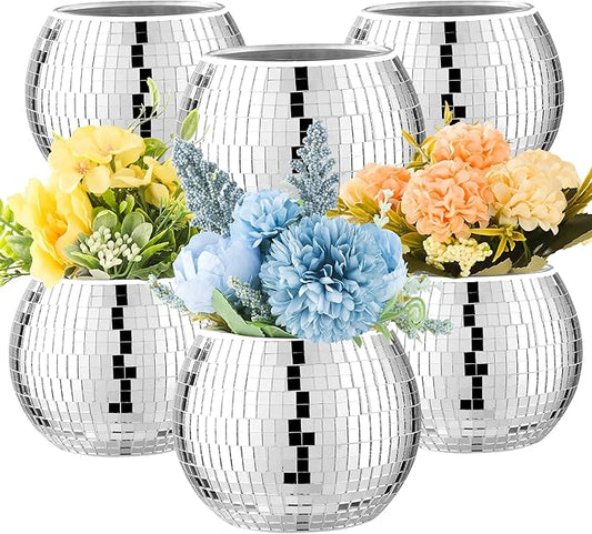 6 Pcs Disco Ball Vase Disco Ball Planter for Centerpieces Disco Ball Decor Flower Vase with Silver Mirror Glass for Wedding, Birthday, Party (4" X 4.7")