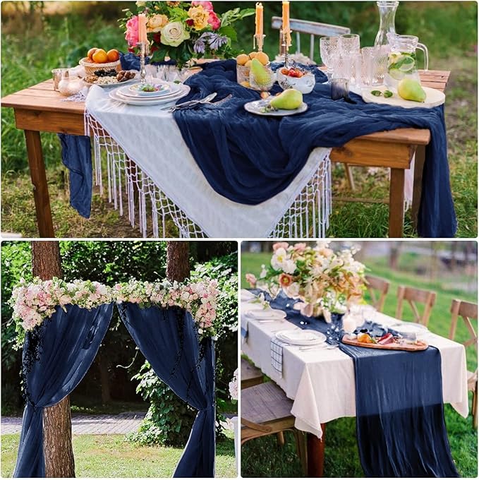 15 Pack Navy Blue Cheesecloth Table Runner 10Ft Gauze Cheese Cloth Table Runner 35x 120Inch Romantic Boho Table Runners for Wedding Birthday Party Anniversary Bridal Baby Shower Reception Table Décor
