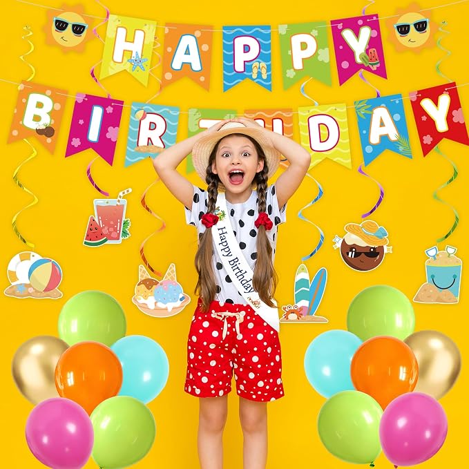 Crenics Summer Birthday Decorations - Happy Birthday Banner, Foil Fringe Curtains, Sash, Hanging Swirls, Cake Topper and Balloons for Summer Beach Theme Party Supplies