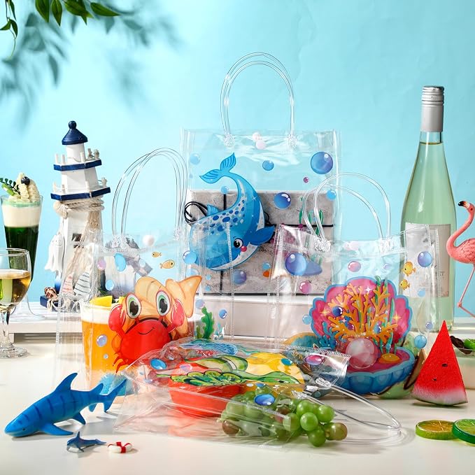 Teenyyou 24 Pcs Sea Animal Party Favor Bags PVC Clear Ocean Gift Bags with Handle for Birthday Party Supplies