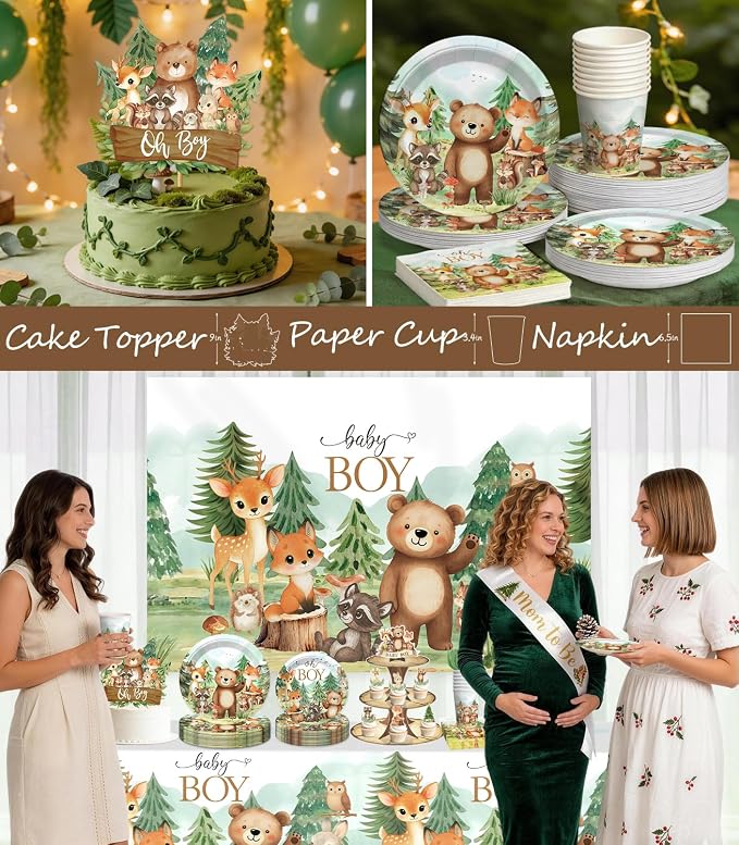 254Pcs Woodland Baby Shower Decorations, All-in-one Baby Boy Woodland Forest Animals Party Set with Plates, 2 Tablecloths, Cupcake Stand Woodland Theme Baby Shower Decorations