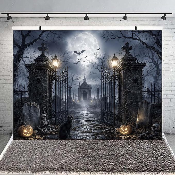 6 x 4 ft Halloween Backdrop Spooky Cemetery Castle Full Moon Pumpkin Black Cat Skeleton Photography Background, Horror Fall Party Decor Photo Booth Props, Kids Birthday Studio Wall Decor Banner