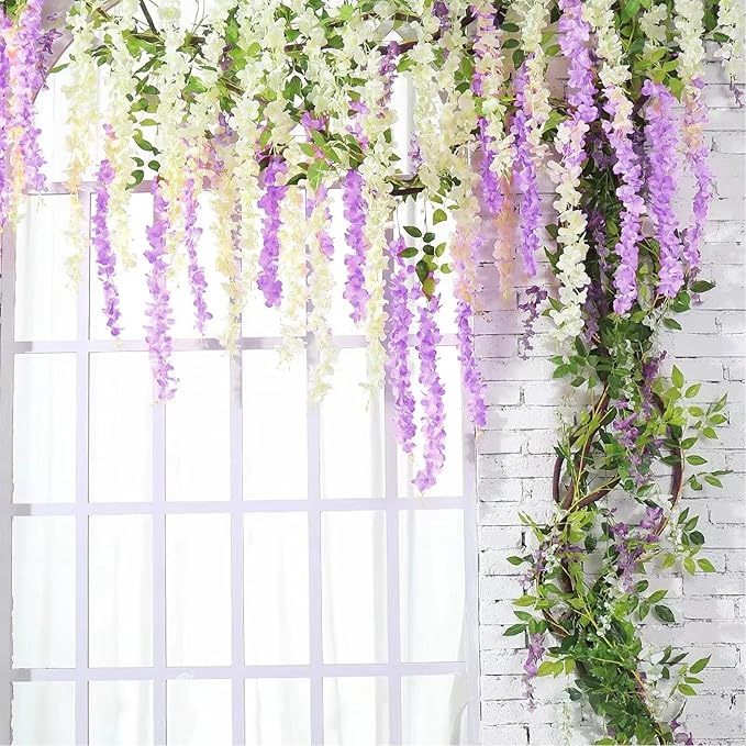 48Pcs Artificial Wisteria Hanging Flowers, 3.6Ft/Pcs White & Purple Fake Wisteria Garland for Wedding Party Home Garden Indoor Outdoor Decoration