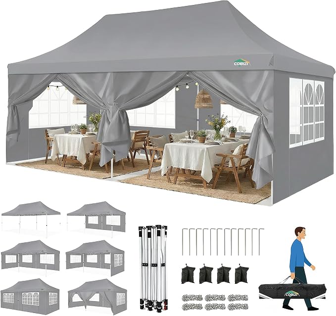 COBIZI Canopy 10x20 Pop Up Canopy Party Tent with 6 Sidewalls, Waterproof Commercial Canopy Ez Outdoor Instant Gazebo UV Protection 50+ Event Shelter, Garden Tents for Parties with Sandbags, Grey