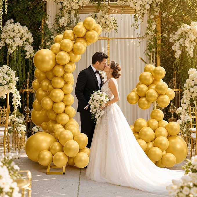 Balloon Arch Stand Kit Set with 145PCS Metallic Gold Balloons – Duty Metal Wedding Backdrop Frame with 8 Water Bags, Gold Semi-Open Arch for Birthday, Party Decorations Indoor Outdoor.
