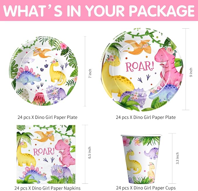 Srua Don Dinosaur Birthday Party Supplies Girl - Pink Dinosaur Party Decorations Tableware for Birthday Baby Shower, Paper Plate, Cup, Napkins, Tablecloth, Cutlery, Banner | Serves 24