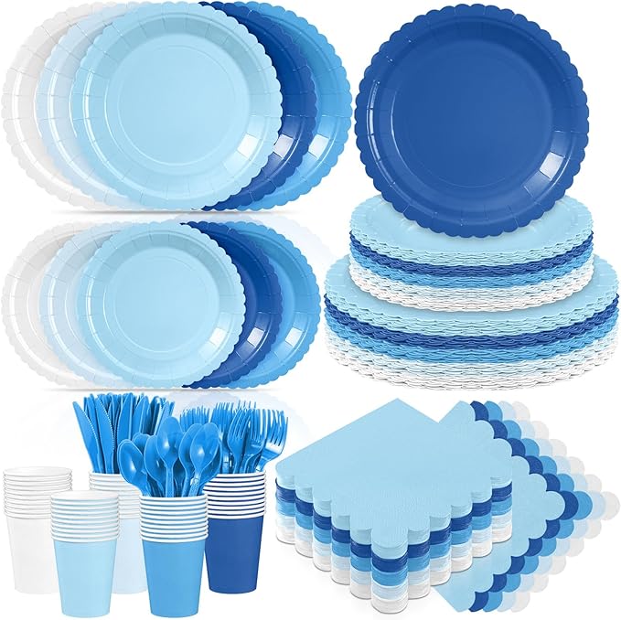 Zhehao 350 Pcs Blue Party Supplies Set Blue Disposable Tableware Kit with Plates, Cups, Napkins, Cutlery Ocean Sea for Shark Pool Baby Shower, Birthday, Wedding Events