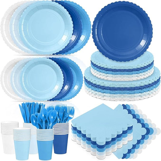 Zhehao 350 Pcs Blue Party Supplies Set Blue Disposable Tableware Kit with Plates, Cups, Napkins, Cutlery Ocean Sea for Shark Pool Baby Shower, Birthday, Wedding Events
