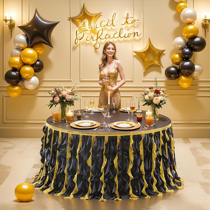 Wish Care 14ft Black Gold Sequin Tutu Table Skirt for Rectangle Tables Glitter Curly Willow Table Skirting Ruffle Table Cloth Desk Skirts for 50th Birthday Graduation Prom Theme Party Decorations