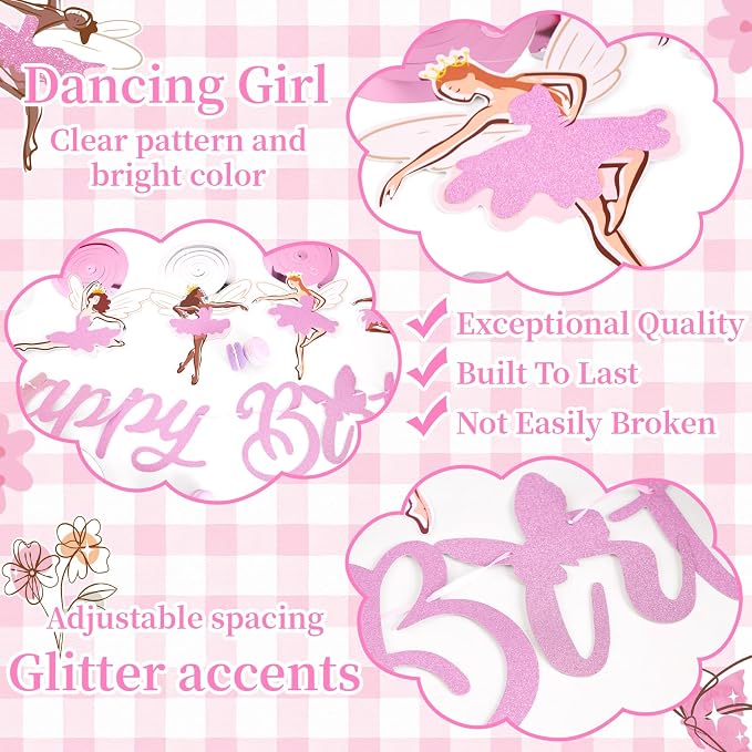 SUNBEAUTY Ballerina Birthday Party Decorations Pink Ballet Girls Happy Birthday Banners Ballet Themed Hanging Banner Flower Garland Wall Ceiling Decor for Girls Tutu Dance Party Supplies