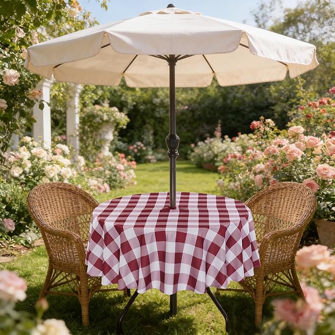 Poise3EHome Round Outdoor Tablecloth with Umbrella Hole and Zipper,Burgundy Gingham 60 Inch,SpillProof Washable Table Cloth for Spring Summer Patio Garden Poolside Picnic Camping BBQS