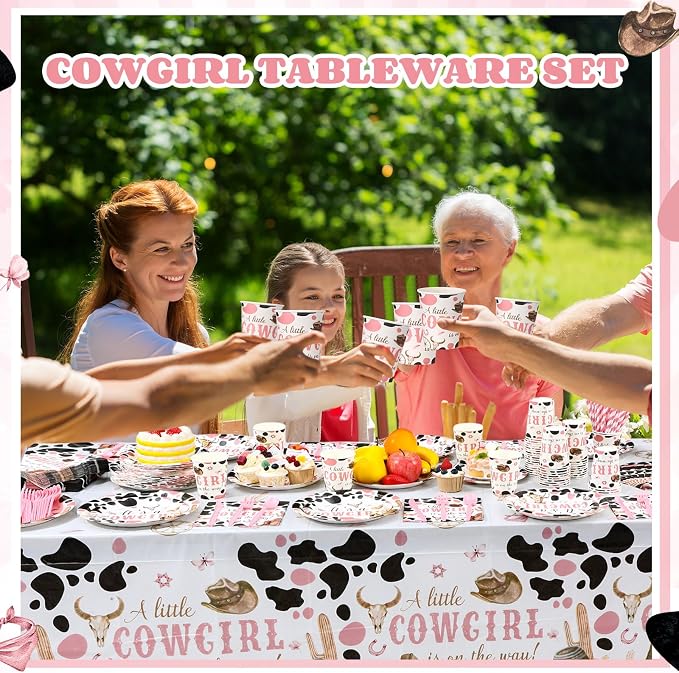 Funnymoom 452 Pcs Cowgirl Baby Shower Party Decorations Include a Little Cowgirl Is on the Way Paper Plates Napkins Cups Tablecloth Cutlery Straws for Baby Shower Party Supplies