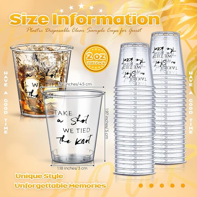Domensi 200 Pieces Plastic Shot Clear Glasses 2 oz Take a Shot We Tied The Knot Disposable Mini Glasses Bulk Wedding Favors Cup for Weddings, Bridal Showers, Engagement Parties(Black)