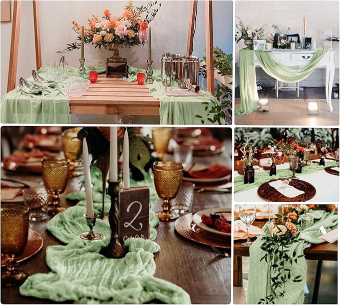 15 Pack Cheesecloth Table Runner 6FT Gauze Cheese Cloth Table Runner 35x 72Inch Boho Table Runners Romantic Table Cover for Wedding Birthday Party Engagement Bridal Baby Shower Table Decor(Sage Green)