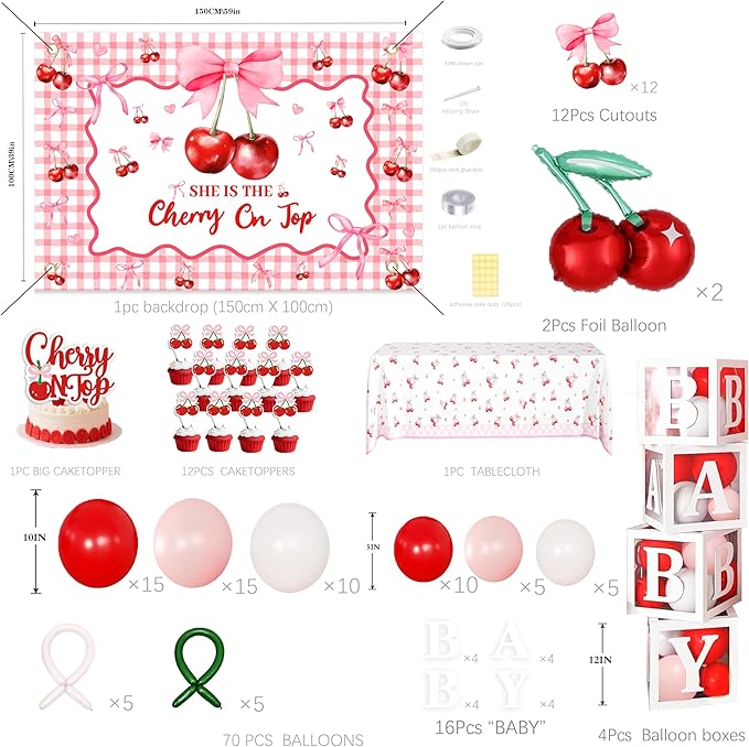 Cherry on Top Baby Shower Decorations for Girl - Red Pink Party Supplies Include Balloon Garland Arch, Backdrop, Tablecloth, 4 Boxes, Foil Balloons - She is the Cherry On Top Decor Gingham Check