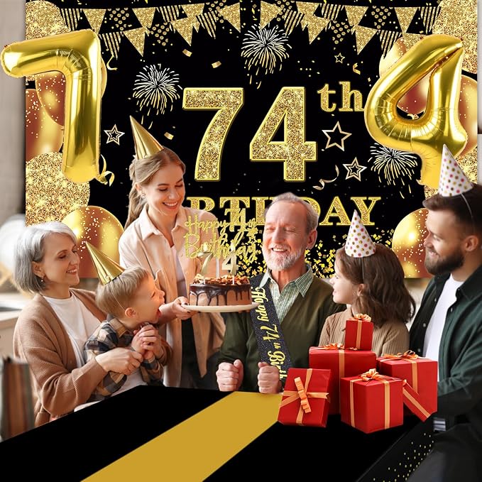 74th Birthday Decorations Men Women with 74th Birthday Banner, Black and Gold Table Cloth, Number Balloons, Large Sash, Cake Topper and Candles