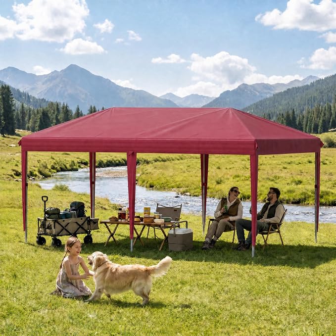 10x20 FT Portable Pop Up Canopy Tent with Sandbags, Adjustable Height Instant Gazebo Without Sidewalls,Waterproof Outdoor Canopy for Camping, Parties, Vendor Events (RED, 3m × 6m Without sidewalls)