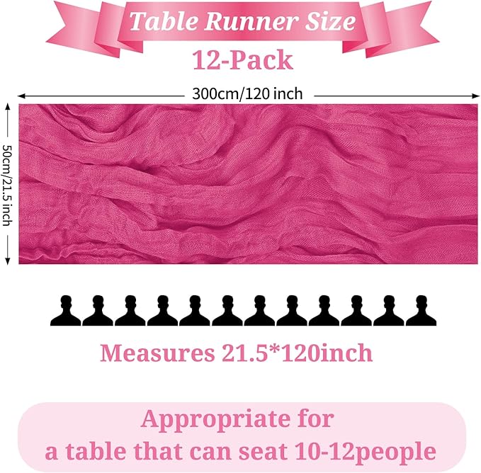 Pesonlook 12 Pack Hot Pink Rustic Boho Cheesecloth Table Runner, 10FT Long Semi Sheer, 21.5" W x 120" L, Polyester, Solid, Wedding/Birthday/Bridal Shower/Party Decorations