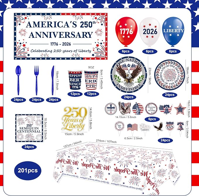 4th of July Party Supplies USA 250th Anniversary Patriotic Party Kit Include Plates Balloons Banner Tablecloth Cake Topper Napkins Cups Tableware, Serves 24