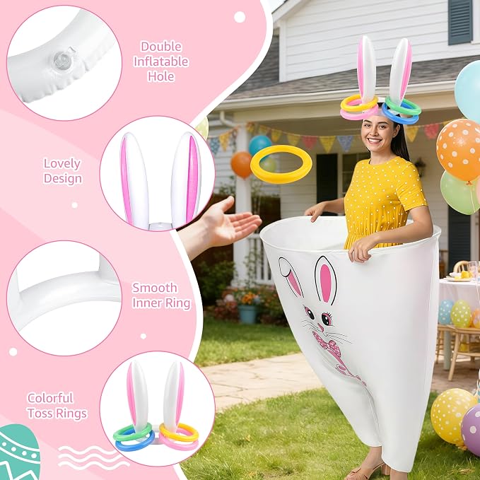 Letsroar Easter Granny Pants Yard Game Inflatable Bunny Ears Ring Toss Game Set with Bouncy Balls Pump for Adults - Outdoor Lawn Games for Easter Parties, Spring Festival and Tailgate Parties