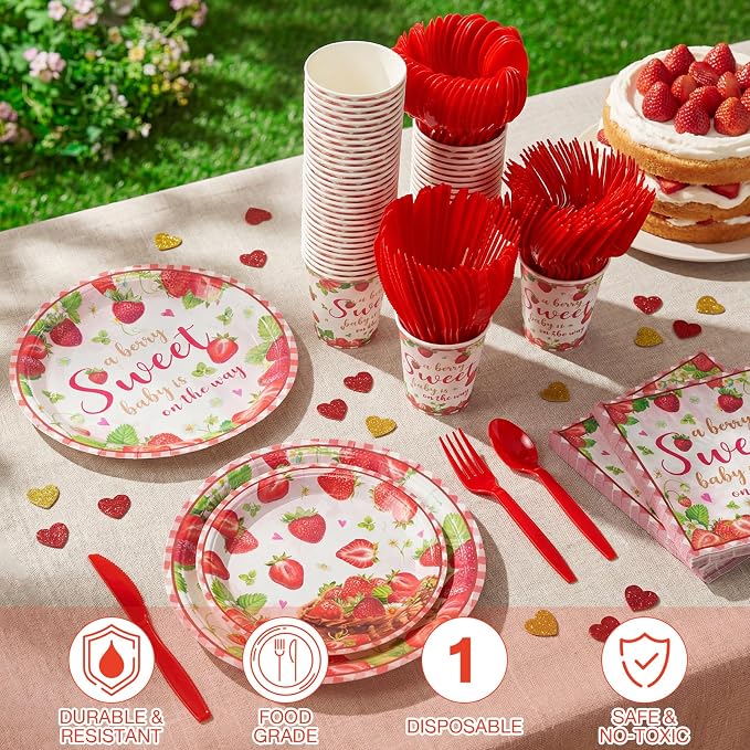 Ziliny 350 Pcs Sweet Baby Shower Party Supplies a Berry Sweet Baby Is on the Way Tableware Set Strawberry Disposable Plates Napkins Paper Cup Plastic Cutlery Serves 50