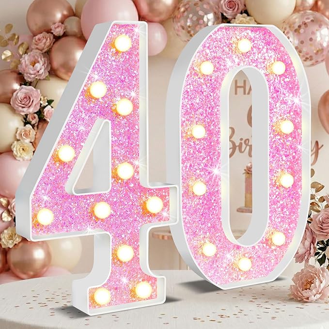 12.6 Inch LED Pink Marquee Light Up Numbers, Sweet 40th Birthday Decorations Number Lights as Gifts for Women, Glitter Lighted Marquee Numbers for Pink Anniversary Party Table Decor, 40
