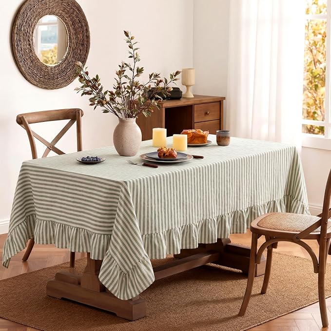 Boao Cotton 52 x 70 Inch Farmhouse Ruffle Tablecloth Sage Green White Striped Flounces Trim Table Cover for Rectangle Table Kitchen Party Wedding Decor
