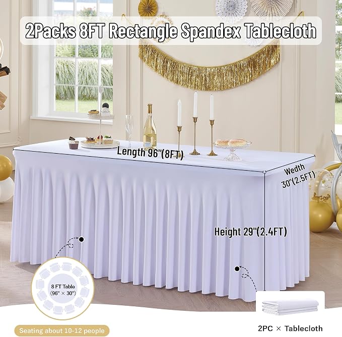 Outpain White Spandex Table Clothes for 8 Foot Rectangle Tables-2Pack 8FT Spandex Fitted Table Cover, Wrinkle Free Tablecloths with Skirt for Parties, Wedding, Birthday, Banquet, Festival