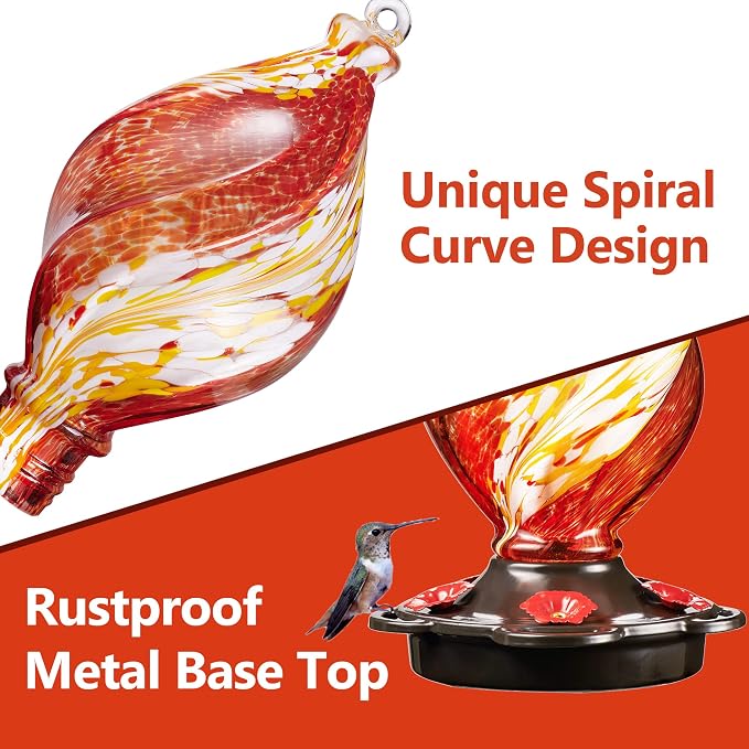 LUJII Ice Cream Shaped Spiral Hummingbird Feeder, Hand Blown Glass, 28 fl.oz, Leak Proof & Rustproof, Includes an Ant Moat for Outdoors Hanging, Unique & Stylish Garden, Outside & Backyard Decor (Red)