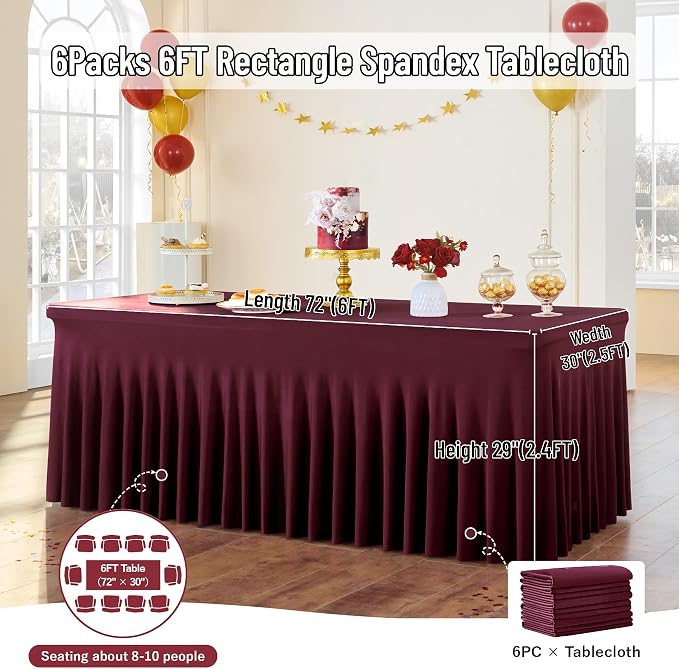 leegleri 6 Pack Burgundy Spandex Table Clothes for 6 Foot Rectangle Tables, Wrinkle Free Fitted Table Cloth 6ft Stretch Tablecloths for Parties Weddings Birthday Banquet Baby Shower