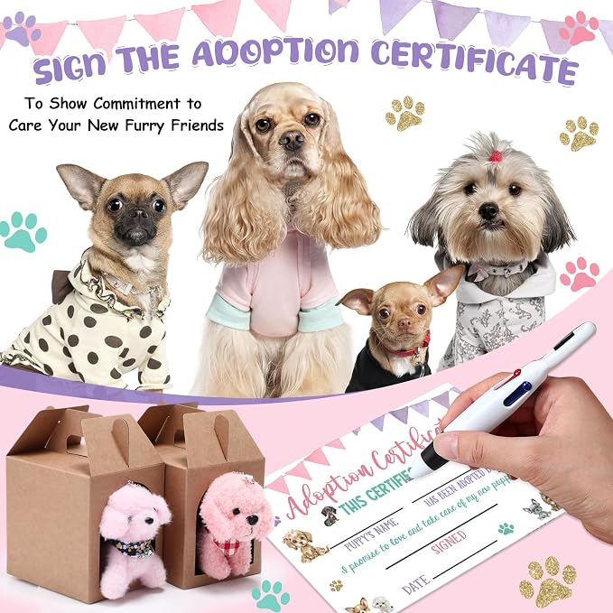 Blueweenly 84 Pcs Adopt a Pet Party Supplies 24 Mini Animals 10 White Plastic Fence 24 Paper Gift Boxes 24 Adoption Cards with Mini Chalkboard and Artificial Lawn(Dog)