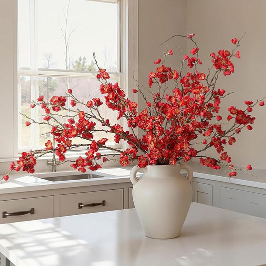 florisso 6 PCS Artificial Cherry Blossom Branches Spring Indoor Decoration, Faux Red Flowers 34.45" Long Stems Fake Plum Peach Plants Real Touch Silk for Wedding Home Bedroom Party Table Office