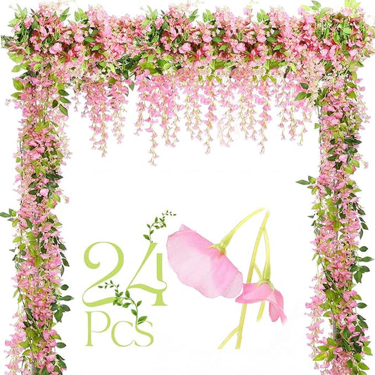 Crowye 24 Pcs 7.2ft/pcs Artificial Flowers Wisteria Garland Artificial Wisteria Vine Hanging Flower Decorations Flower Vines for Outdoor Wedding Wall Arch Party Backdrop Floral Decor (Pink)