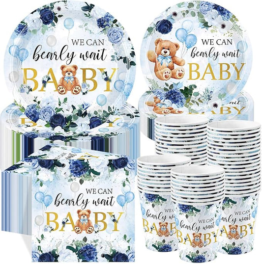 Funnymoom 250 Pcs We Can Bearly Wait Baby Shower Party Decorations Blue Paper Plates Napkins and Cups Bear Boy Party Tableware Set for Spring Baby Shower Gender Reveal Supplies, Serves 50