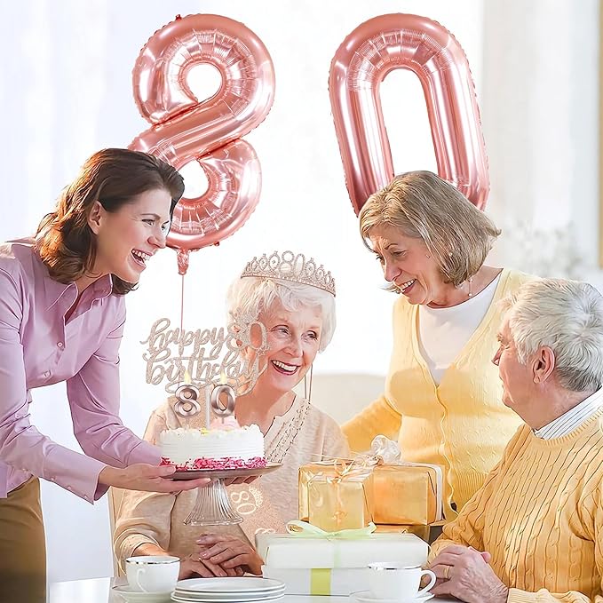 80th Birthday Decorations for Women, Include 80th Birthday Sash and Tiara, Cake Topper and Candles, Number Balloons, Greeting Card, 80 Year Old Gifts for Women
